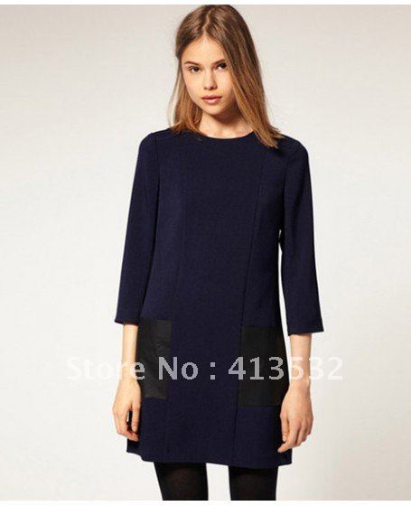 Fancy Knitted One-Piece Dress With 3/4 Sleeve and Leather Detailed -55809