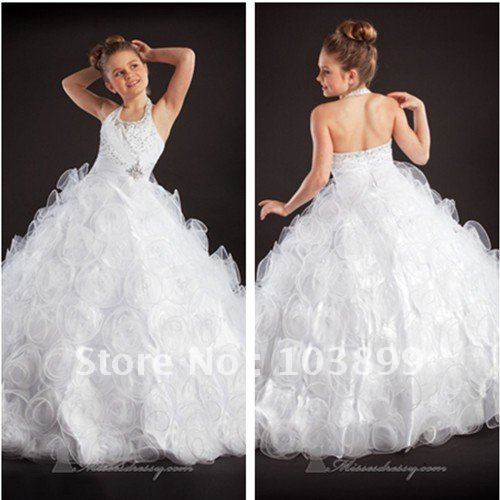 Fancy New Style Ball Gown Halter White Organza Beaded Most Beautiful Flower Girl Dress
