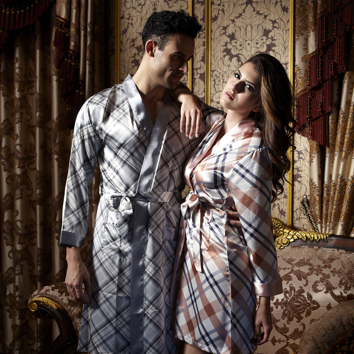 Fanny 2013 spring male women's faux silk plaid robe thin lovers sleepwear lounge