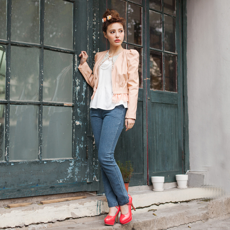 Fanny 2013 women's beading gauze o-neck long-sleeve top leather coat 1fs207