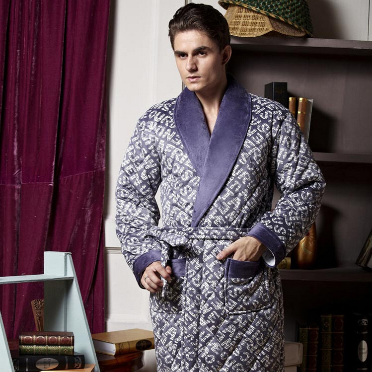 Fanny male thickening coral fleece cotton-padded sleepwear long design robe bathrobes casual lounge set