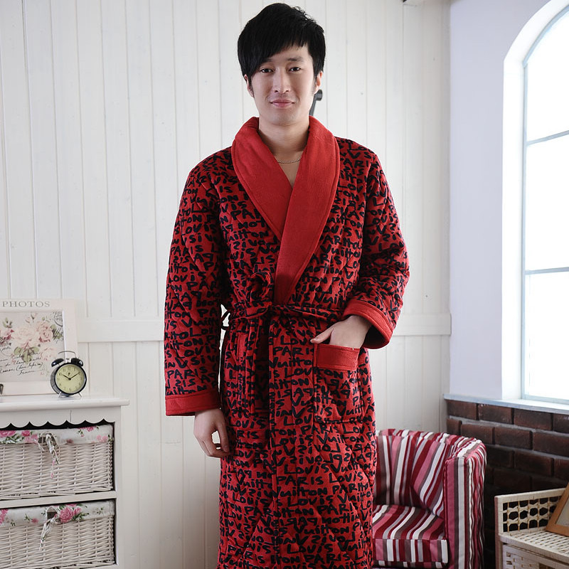 Fanny new arrival thermal sleepwear long-sleeve coral fleece cotton-padded thickening male bathrobe robe