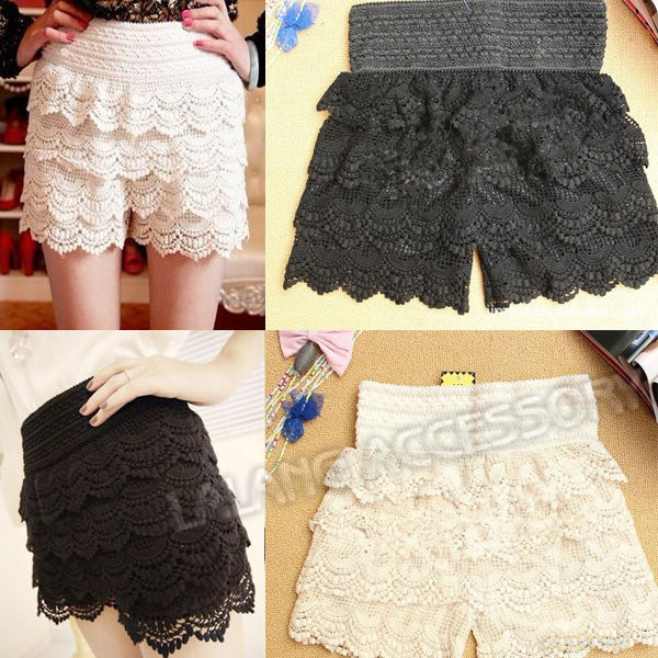 Fashion 1piece/lot Mini Cotton Blended Korean Womens Sweet Cute Crochet Tiered Lace Shorts Skorts Pants 2 colors 650520