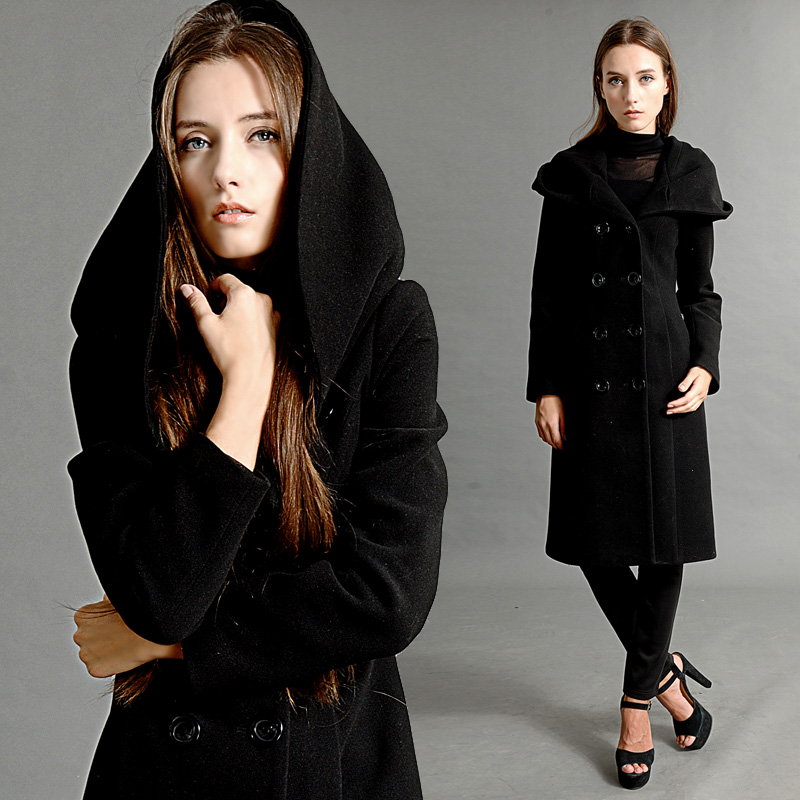 Fashion 2012 autumn women's fashion elegant double breasted long design large cap wool coat trench