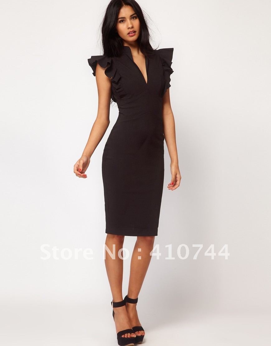 fashion 2012 black noble ruffle sexy V-neck slim waist dress evening party knee length dresses kd7365 free shipping hot selling