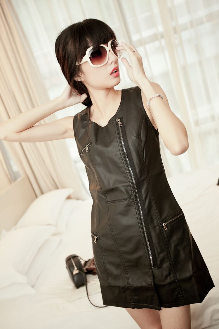 Fashion 2012 fashion slim oblique zipper slim hip skirt PU one-piece dress leather skirt tank dress
