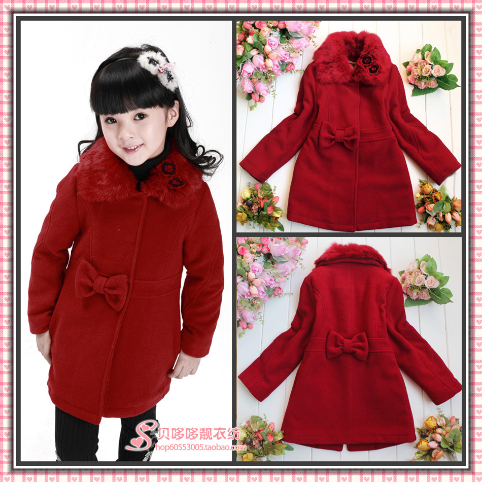 Fashion 2012 female child thickening fur collar trench outerwear wool velvet cotton-padded overcoat