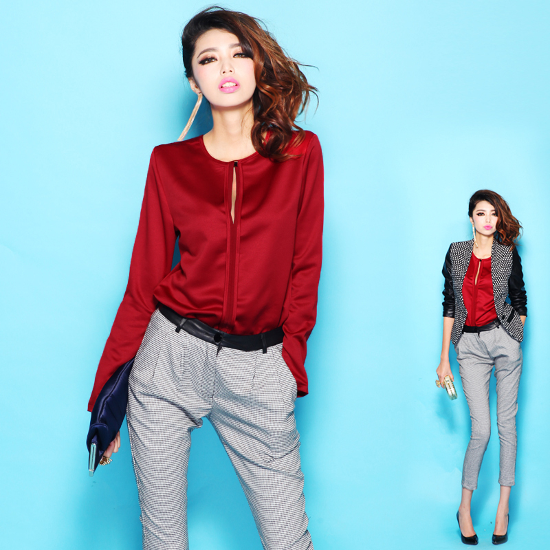 Fashion 2012 female luxury brief fashion cutout o-neck silk shirt basic shirt