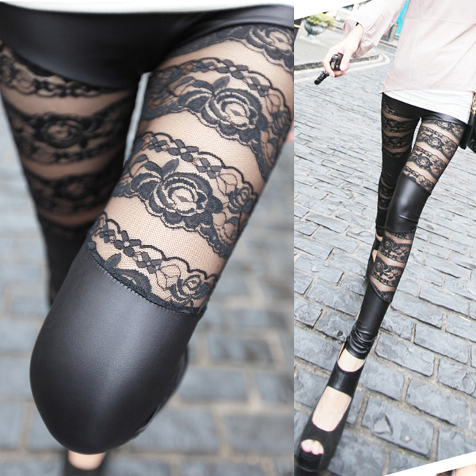 Fashion 2012 sexy rose lace patchwork faux leather ankle length trousers legging 11806