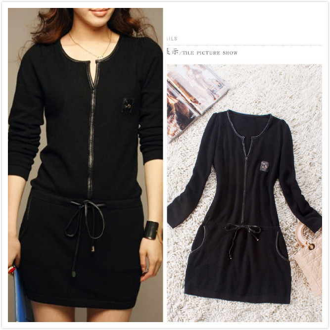 Fashion 2012 women's genuine leather bag wool velvet slim drawstring long-sleeve dress