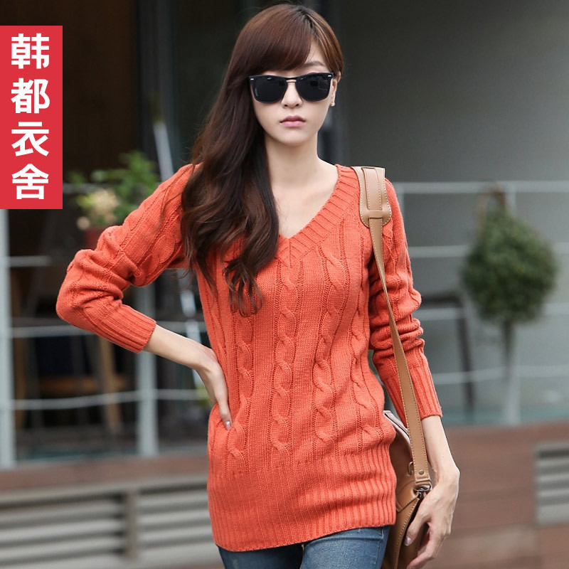Fashion 2012 women's V-neck solid color medium-long sweater gj2173 free shipping