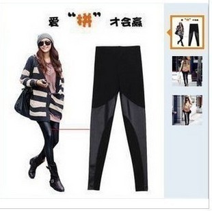 fashion 2013 female fashion cotton leather patchwork ankle length legging personality slim pants free shipping