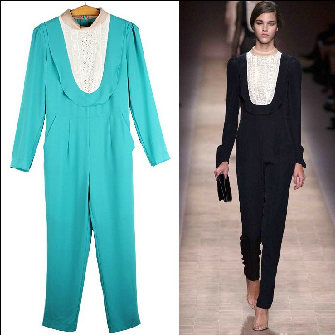 Fashion  2013 New High Collar Round Cutout Embroidered Slim Long-sleeve Brand Jumpsuit
