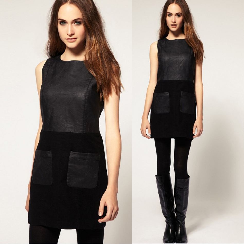 Fashion 2013 New Solid Color Slim O-neck Sleeveless PU Leather Patchwork Vintage Mini Dress for Women Ladies Sexy Sheath Dress