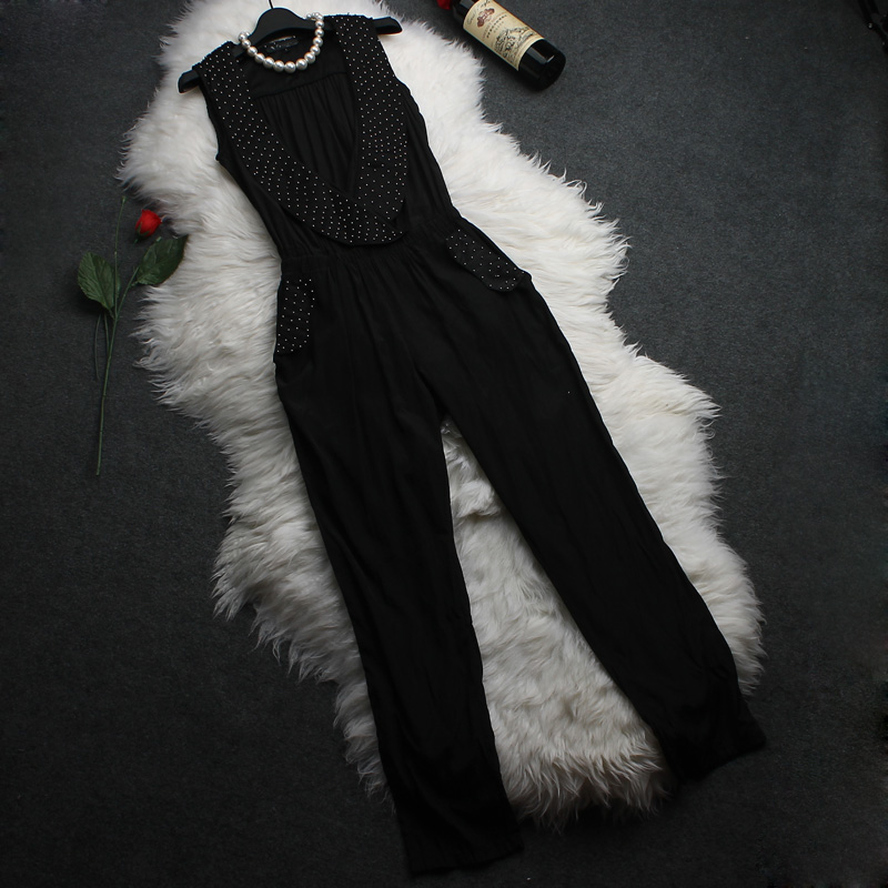 Fashion 2013 spring women's V-neck sleeveless beading elastic waist slim trousers jumpsuit casual pants