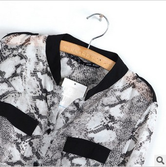 Fashion 2013 women's stand collar epaulette long-sleeve cardigan pocket serpentine pattern chiffon shirt