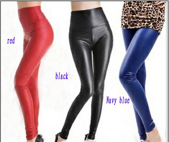 Fashion 3 color (Black red Navy blue)  Leather Tregging Ladies' Leggings Shiny Pants Tights free shipping