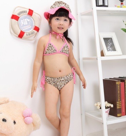 Fashion 5sets/lot pink bows Girls swimwear leopard print baby swimsuits kids beach wears