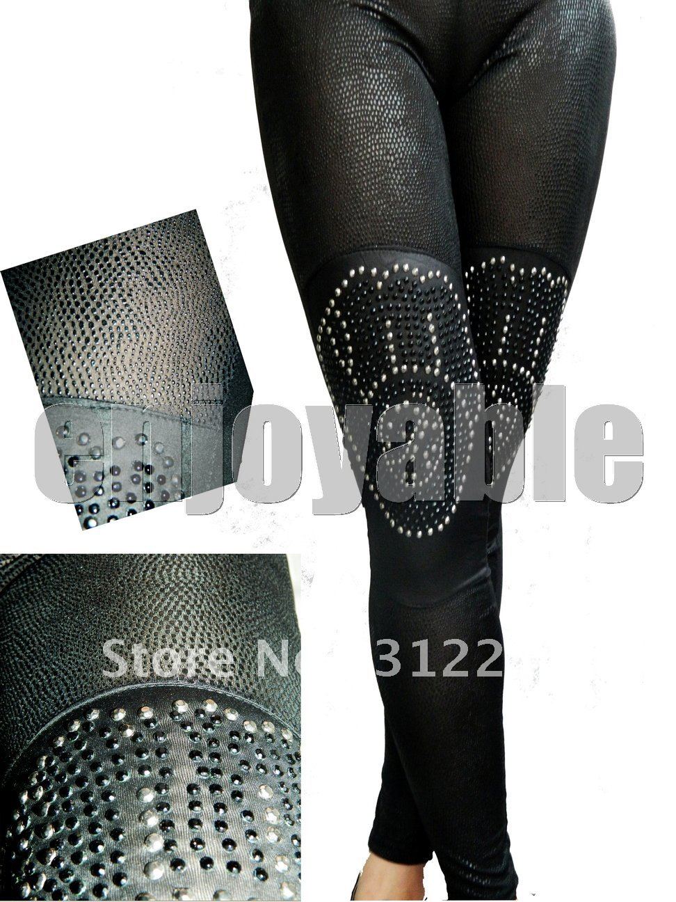 Fashion 6pcs/lot Erotic Rock Gothic Leather With Rhinestone Sexy Women Club Leggings,High Qualtiy!
