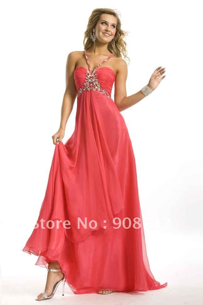 Fashion A-line Spaghetti Strap Red Chiffon Formal Long Evening Dresses 2012 with Crystals Beaded Strap