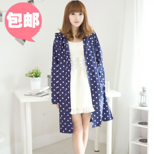 Fashion adult raincoat poncho blue and white polka dot