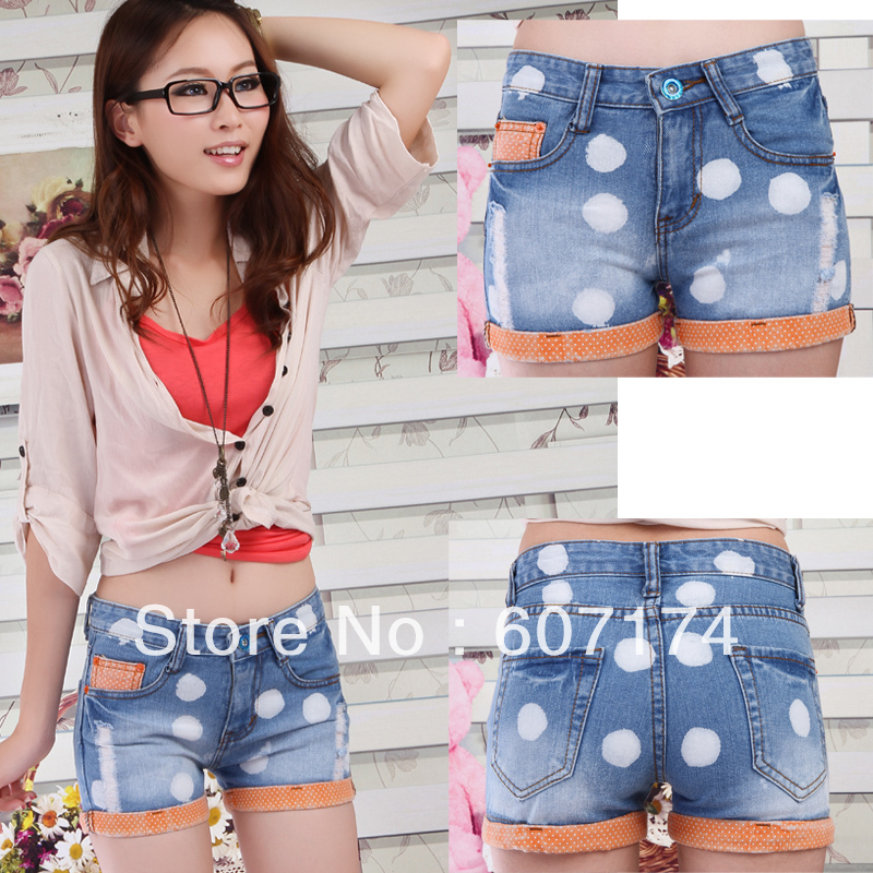 Fashion all-match 2013 ladies beautiful polka dot multicolour roll up hem denim shorts casual Jeans&Pants Size:S-L #2380