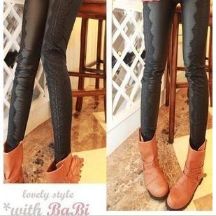 Fashion all-match eyelash lace patchwork leather pants legging