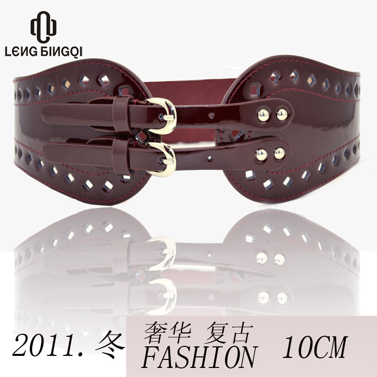 Fashion All-match Genuine Leather Cutout Cummerbund Double Breasted Japanned Leather Wide Belts For  Women