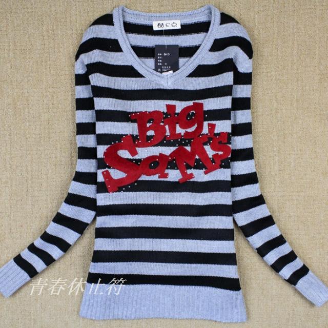 Fashion all-match long-sleeve V-neck casual sweater v collar loose sweater stripe letter