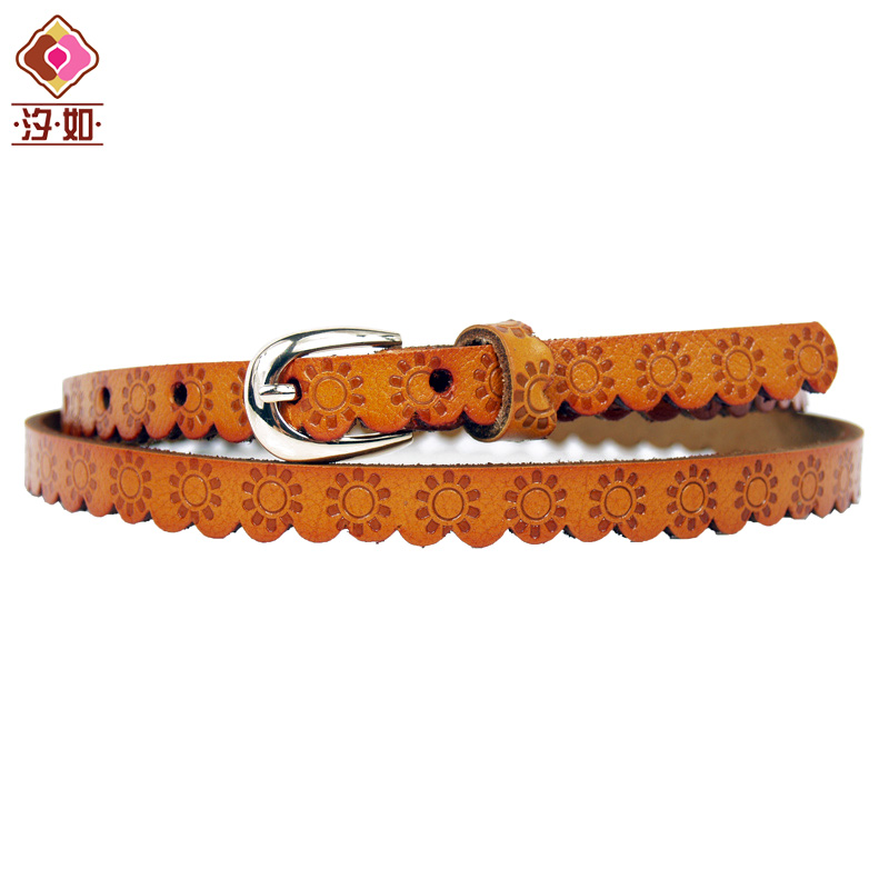 Fashion all-match Women cowhide strap flower lace decoration genuine leather thin belt camel