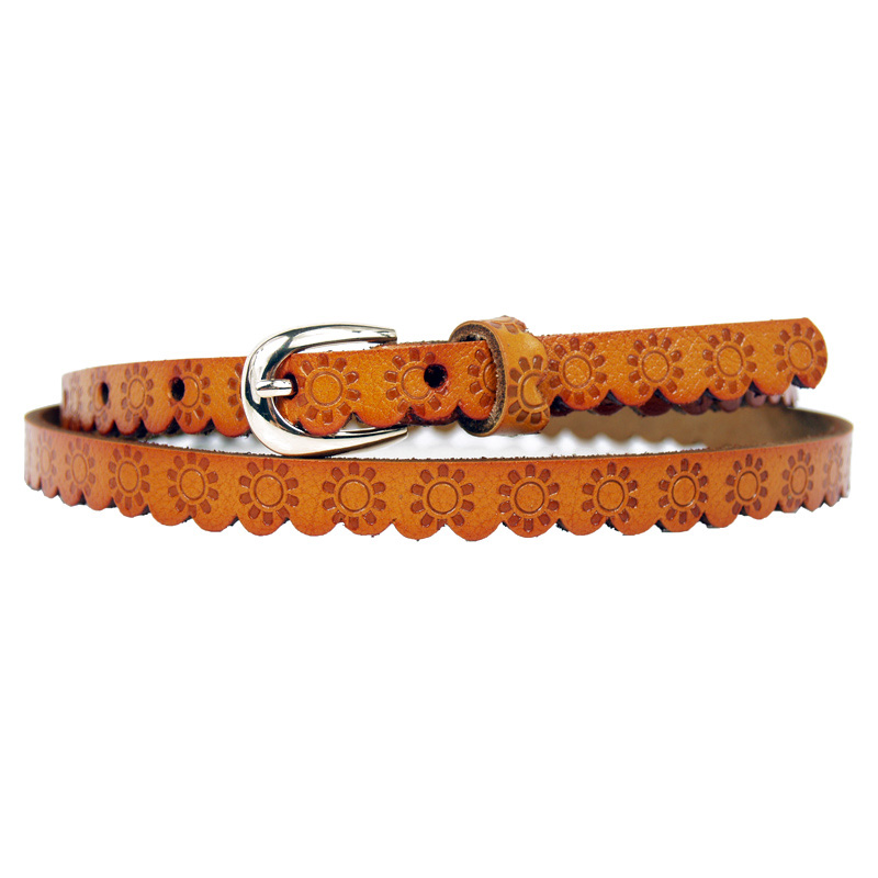 Fashion all-match Women cowhide strap flower lace embossed decoration genuine leather thin belt camel