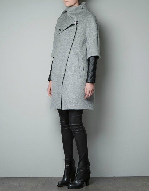 Fashion Asymmetrical Zipper Wool Tweed Coats For Women With Leather Sleeve