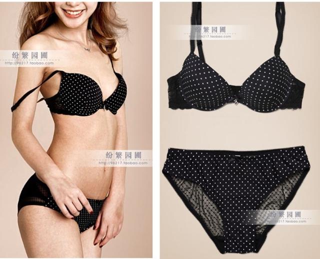 Fashion audrey hepburn vintage polka dot plunge rhinestone decoration bra set