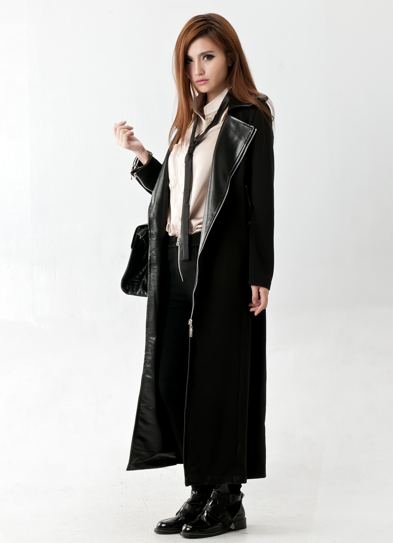 Fashion autumn and winter aw ultra long paragraph turn-down collar motorcycle zipper patchwork overcoat slim thickening trench