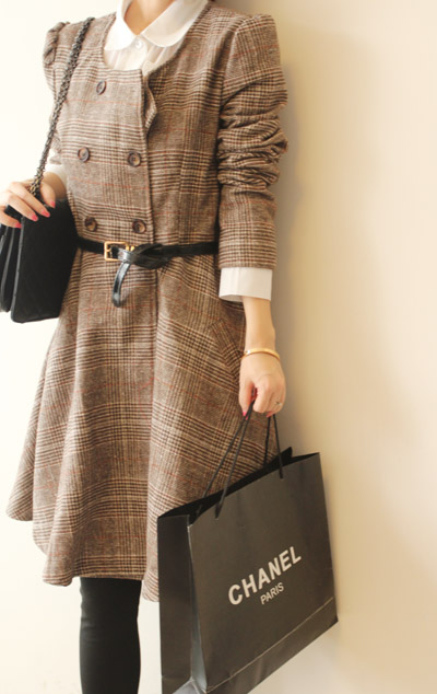 Fashion autumn and winter hot-selling elegant double breasted plaid woolen sweet belt one-piece dress overcoat trench outerwear