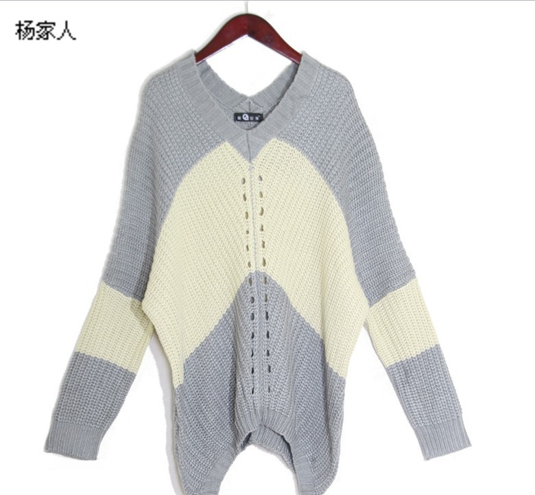 Fashion autumn and winter long design sweater dress street Women color block decoration cutout decoration thickening long design