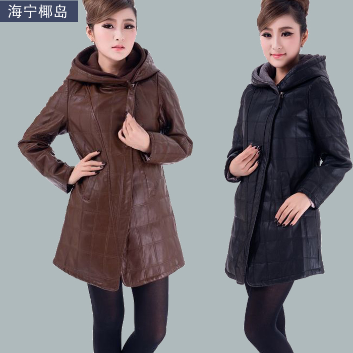 Fashion autumn and winter plus size mother clothing medium-long female leather clothing outerwear with a hood plus cotton