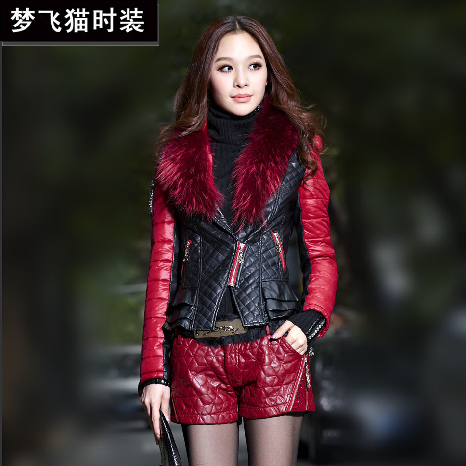 Fashion autumn and winter quality PU small leather clothing female short design slim fur collar outerwear patchwork motorcycle