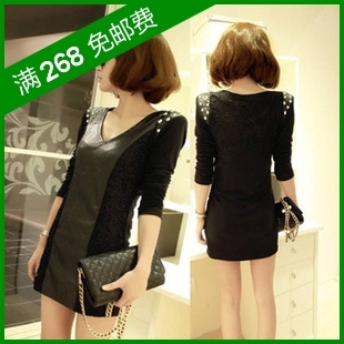 Fashion autumn and winter slim punk lace patchwork rivet long-sleeve leather clothing mushroom