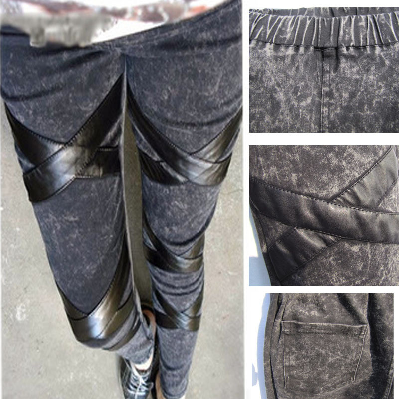 Fashion autumn and winter trend cross patchwork leather jeans female trousers legging boot cut jeans pants