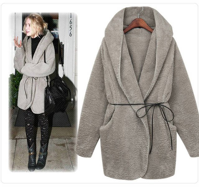 Fashion Autumn and Winter Vintage Women Belted Fleece Outwear/Trench Thick  Warm Hooded Fleece Poncho