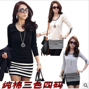 Fashion Autumn And Winter Women Long-Sleeve Stripe One-piece Dress Free Shipping 2080104