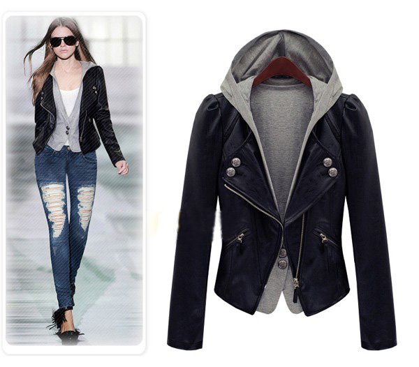 Fashion autumn and winter women slim hooded short design motorcycle coat leather clothing w158