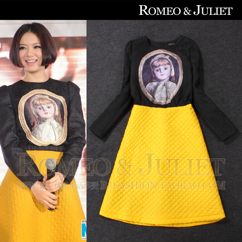 Fashion autumn and winter women sweet vintage flowers plaid patchwork doll print slim thick one-piece dress