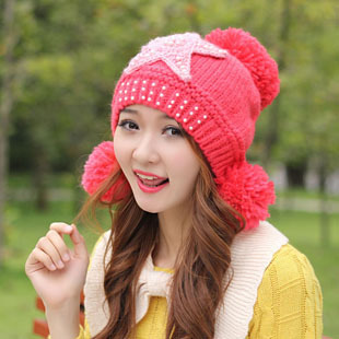 Fashion autumn and winter yarn ear protector cap knitted hat big the five-star pearl 3 ball