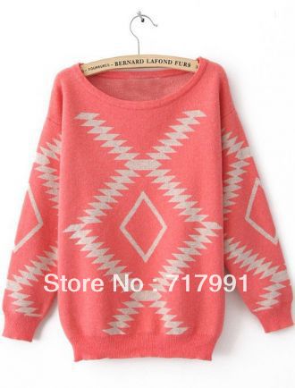 Fashion Autumn Pink Long Sleeve Geometric Print Loose Pullovers Sweater For Women, Free Shipping!