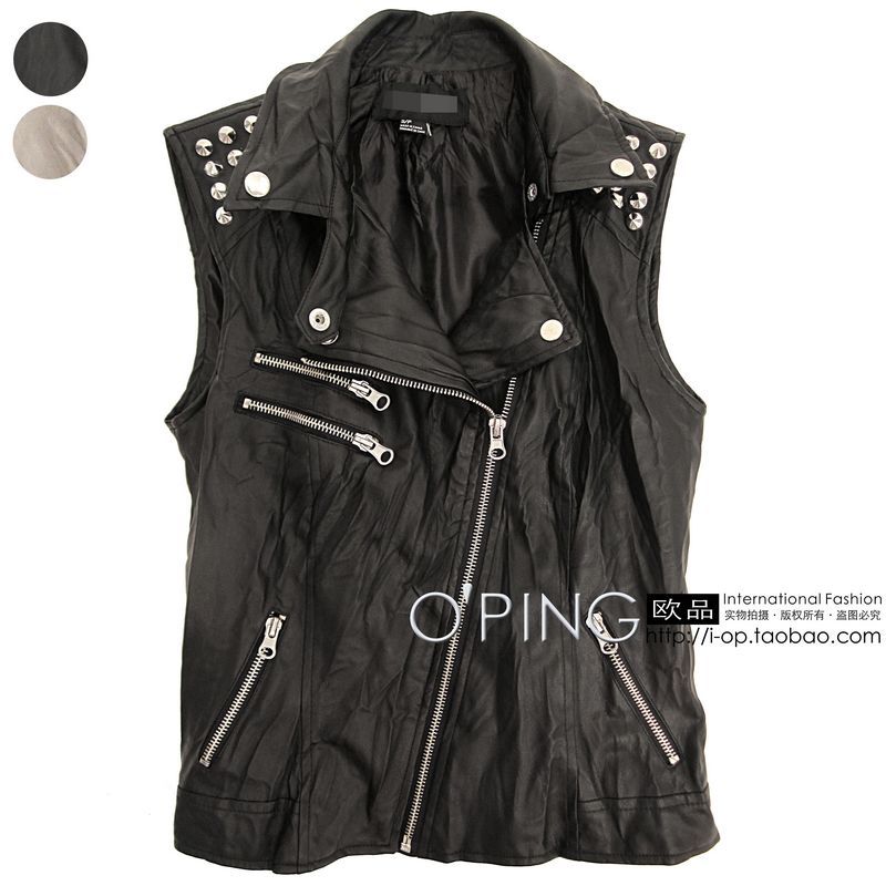 Fashion autumn rivet punk pleated motorcycle water wash oblique zipper short design leather clothing leather vest