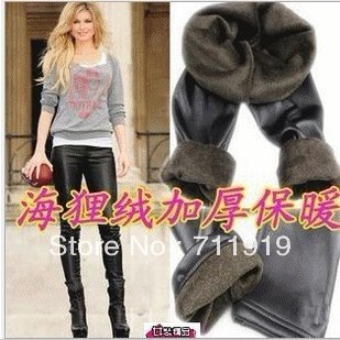 Fashion Autumn Winter Bamboo Brushed Faux Leather Beaver Velvet Thickening Women's Warm Leggings Tight Pants #5168