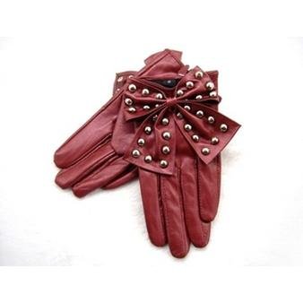 Fashion Autumn & Winter Sheepskin Leather Gloves Women Big Bow Rivet Free Shipping New Year