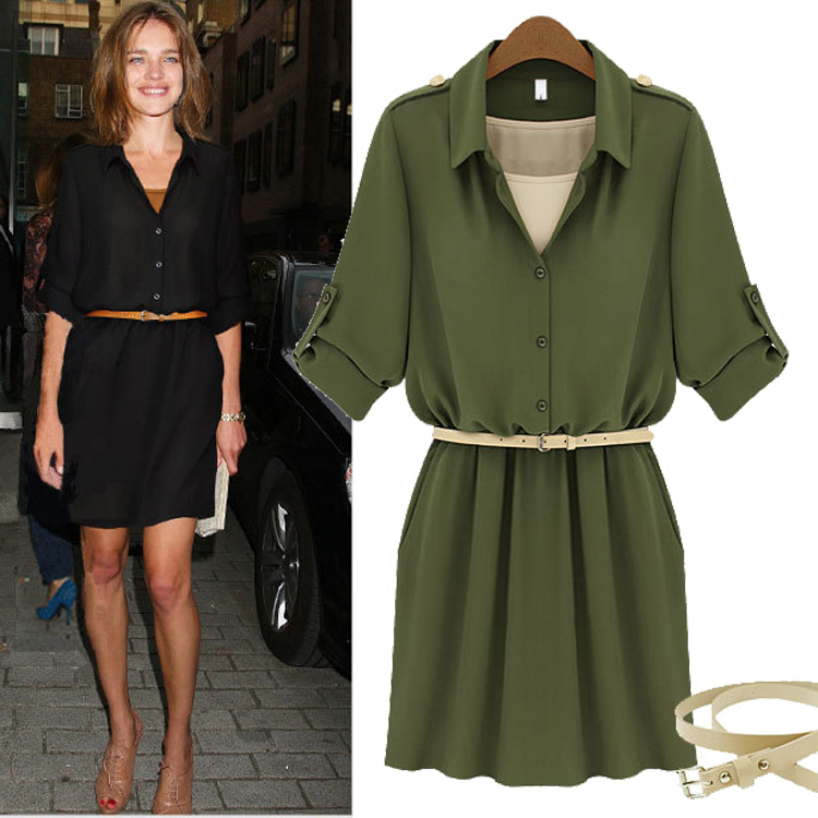 Fashion Autumn Women's High Quality 2012 Turn-Down Collar Long-Sleeve High Street Knee-Length Dress/Send With Belt Q500